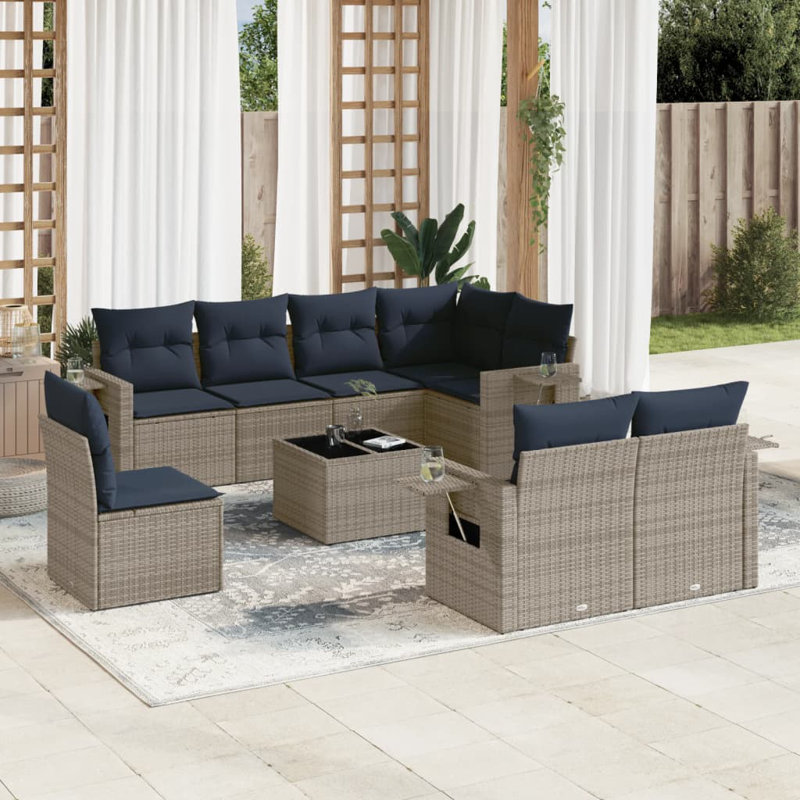 Ensemble de canapé de patio 9 pièces avec coussins en rotin de polyester, Marine, Gris