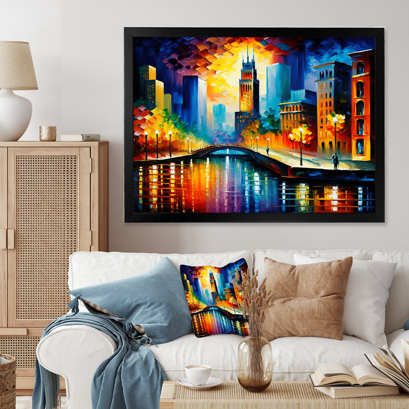 " Colourful Chicago Downtown ", Black Picture Framed, 16" H x 32" W x 1" D