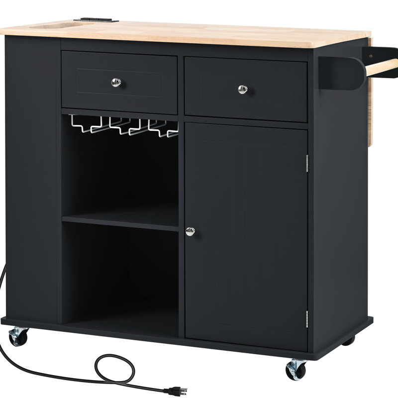 Kitchen Island With Electrical Socket & Foldable Leaf. Black. Wine Holder, Side Storage. Easy To Use And Clean Power Storage Leaf, Stand Cabinet - Black