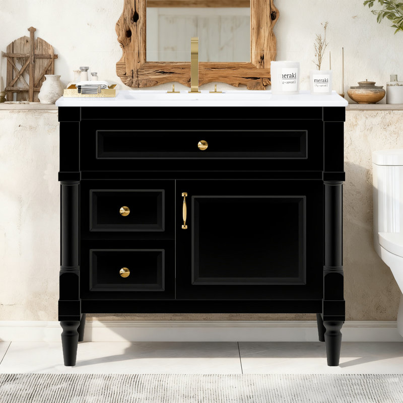 Meuble-lavabo simple 36 po avec lavabo en céramique élégant, armoire de rangement moderne imperméable avec 3 tiroirs, Noir