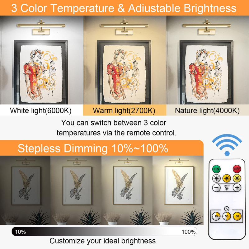 Éclairage sans fil pour art mural rechargeable à piles pour peinture, 3 CC à intensité variable, finition laiton 15,7 po avec télécommande, rotatif