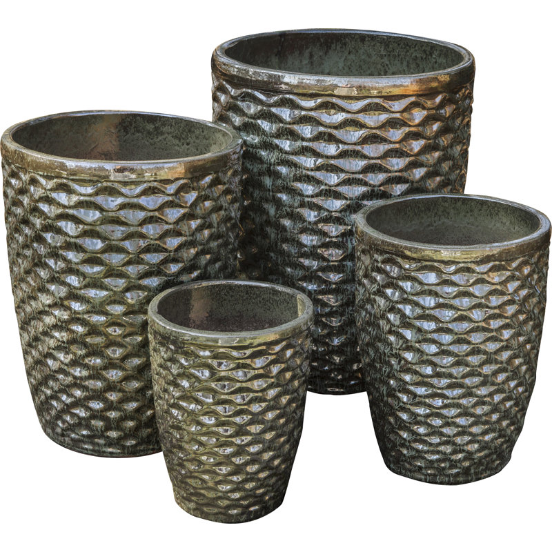 Honeycomb Handcrafted Round Terracotta Planter, 19" H x 24" W x 24" D, Aqua