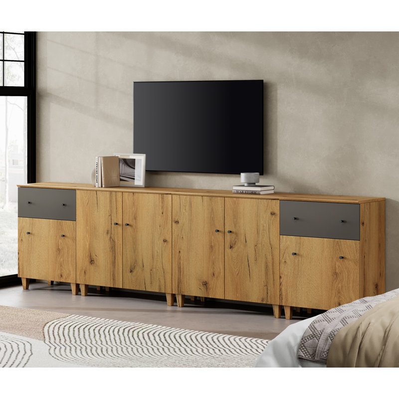Meuble télé pour téléviseur de 100 pouces et plus, console multimédia 4 en 1 avec portes et tiroirs, Bois brun