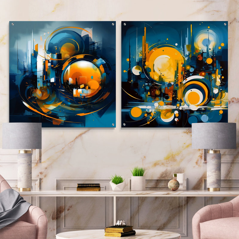 Bleu et jaune pierre fluide I - ensemble de 2 peintures murales abstraites en acrylique, H 36 po x l 73 po