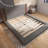 King Size Grey Upholstered Platform Bed With Extended Wood Headboard And Built-In Bedside Shelf
