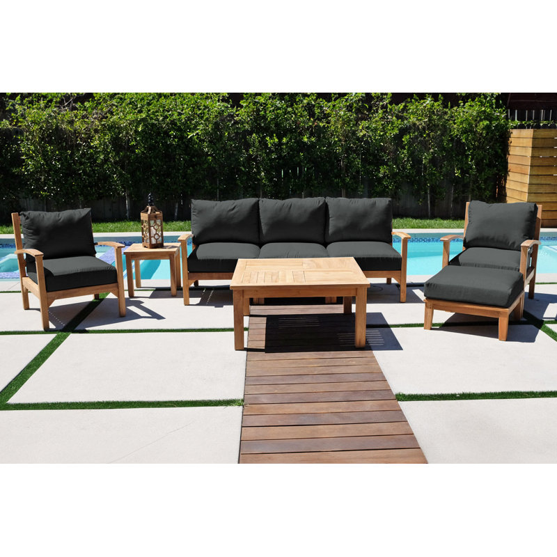 Huntington Outdoor 6 - Piece Teak Conversation Set, Table, End Tb, x2 Chairs, Ottoman, Sofa, Coal