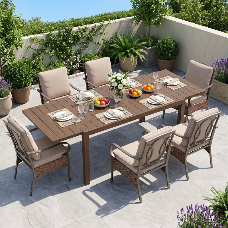 Table de salle à manger extensible pour 4 à 8 personnes en PEHD à grain de bois et cadre en aluminium avec verrous de sécurité et pieds réglables