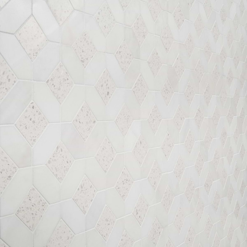 Cleopatra 12x12 Diamond Polished Encaustic Look Marble Mosaic Tile, Salt White