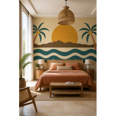 Fresque murale rétro côtière avec palmiers et coucher de soleil, paysage du milieu du siècle