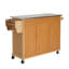 Îlot de cuisine intérieur en bambou avec plateau en acier inoxydable - Chariot mobile avec tiroirs, armoire et porte-serviettes pour la salle à manger et le bar