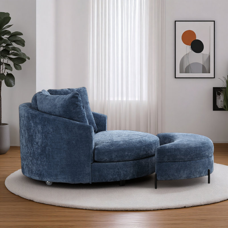 59.5" W Oversized Slipcovered Upholstered Accent Barrel Chair With Ottoman, Blue