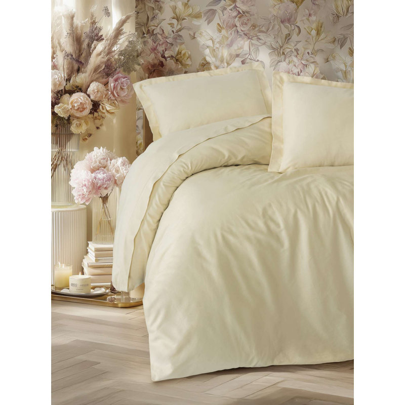 Premium Quilt Cover Set, 100% Cotton Satin, Beige | Duvet Cover 94.5 x 86.6 inches, 2 Pillowcases 23.6 x 23.6 inches | Reactive Printing, 211 Thread Count, Machine Washable, Elegant & Luxurious Bedding