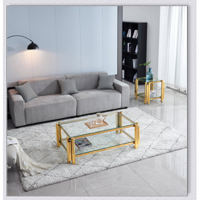 Ensemble de tables basses modernes en acier inoxydable (ensemble de 2), verre trempé transparent double couche, idéal pour le salon et le bureau personnel, doré