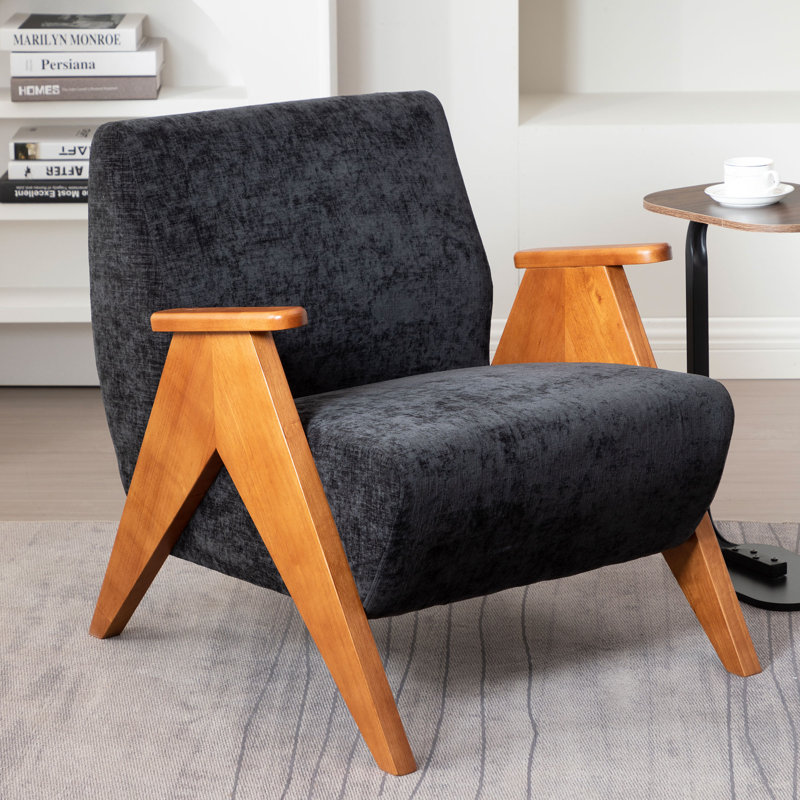 Kyajah 27.5" W Chenille Solid Wood Armchair, Black