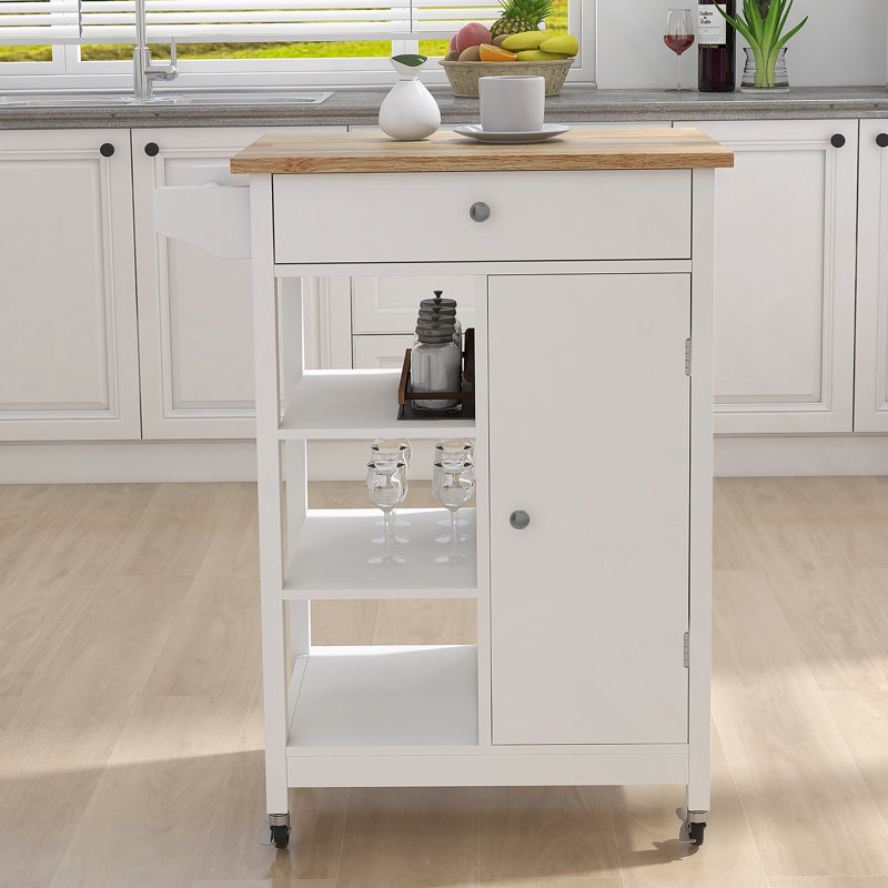 Kitchen Island Rolling Trolley Cart With Towel Rack Rubber Wood Table Top