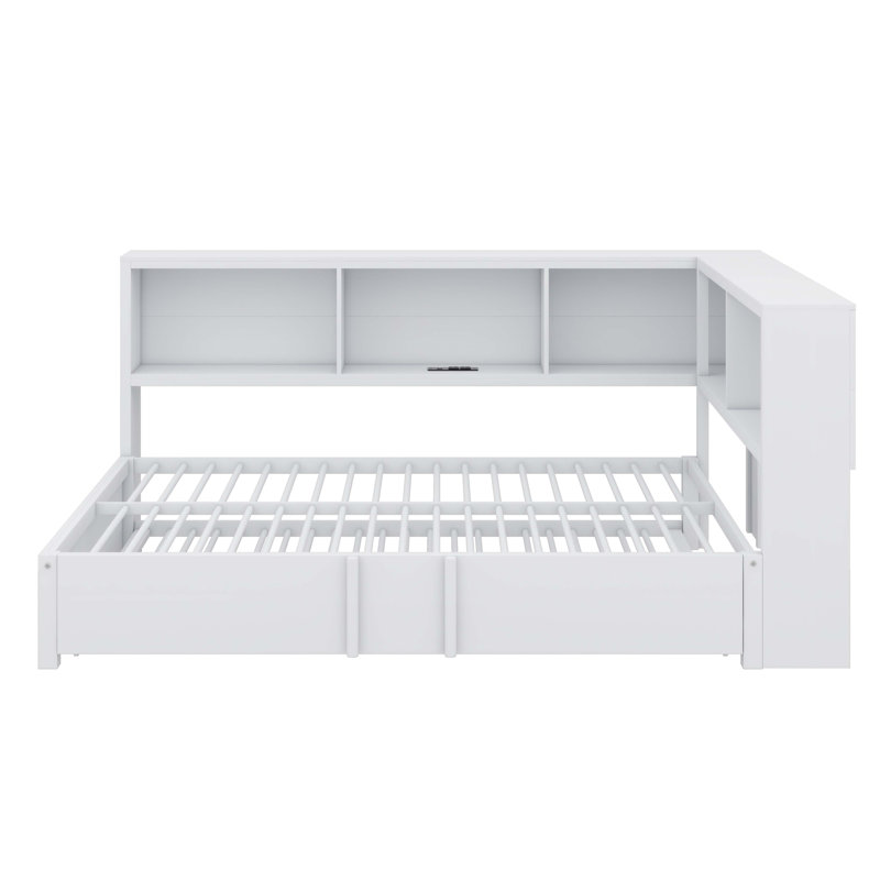Lit de jour fonctionnel en métal avec lit gigogne escamotable et compartiments de rangement intégrés, Blanc
