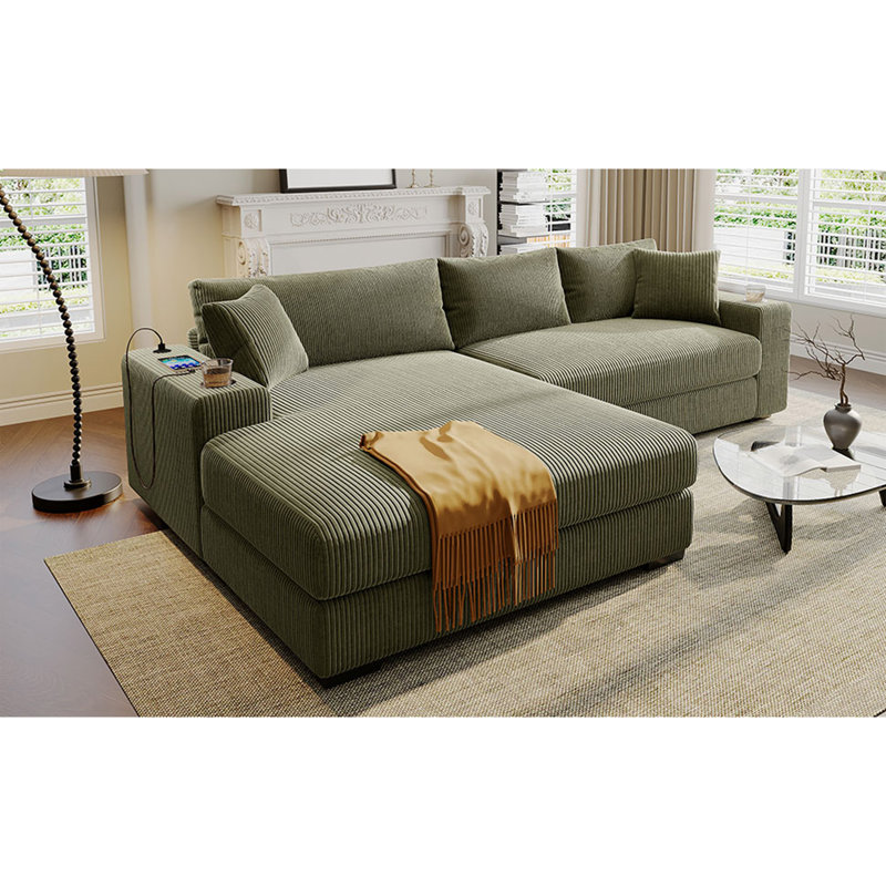 Sectional Sofa With Thick Cushions, And Built-In Cup Holders & Charging Ports, Green