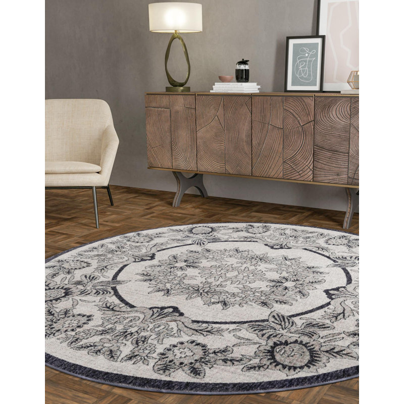Tapis traditionnel ivoire-noir, Rond 3 pi 3 po