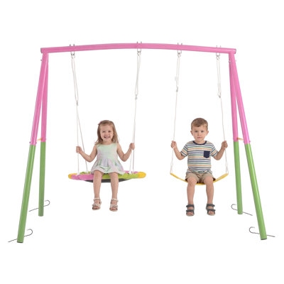 Ensemble de balançoire double rose en métal robuste avec balançoire à soucoupe 32 po et ceinture