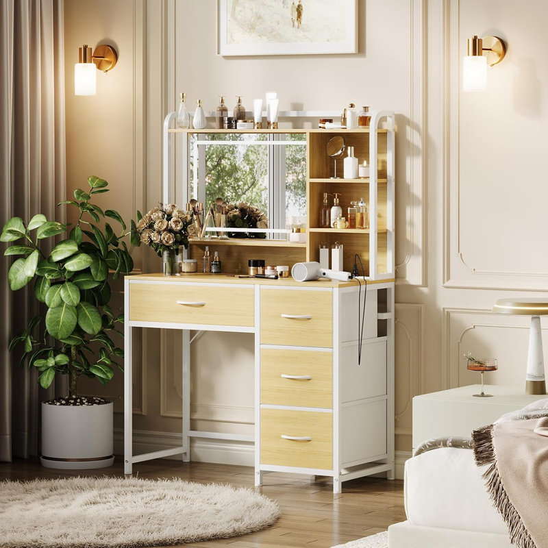 35.4" Vanity Desk with Mirror & LED Lights, Makeup Table with 4 Fabric Drawers for Bedroom Storage, Beige