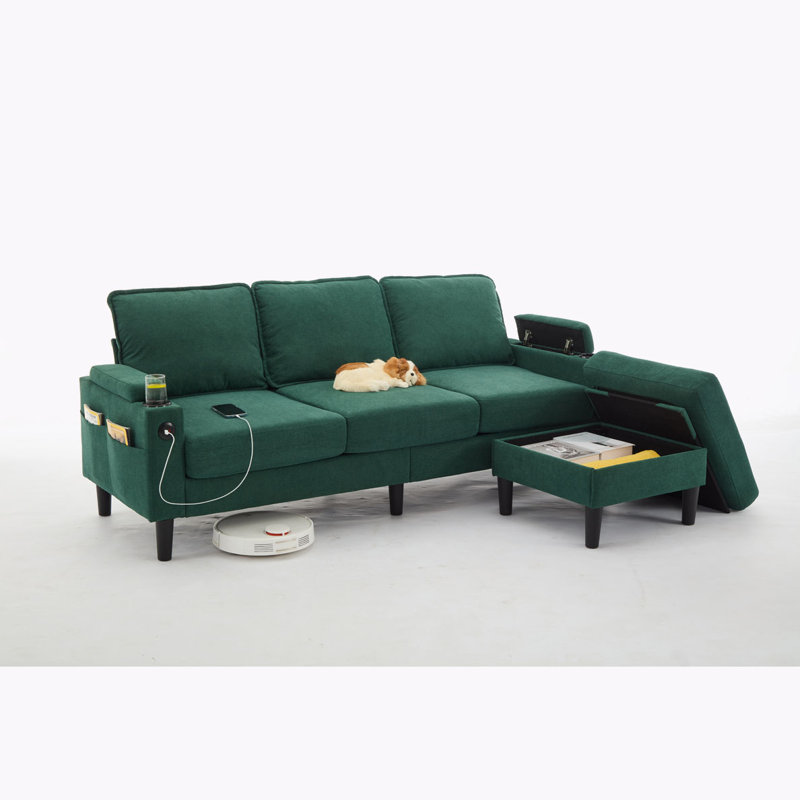 3-Seater Sofa with Storage Ottoman, Green Linen