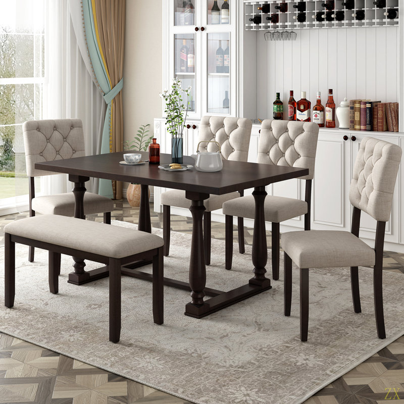 Ensemble de table et chaises de salle à manger 6 pièces avec pieds de forme spéciale et dossiers et coussins recouverts de mousse pour la salle à manger