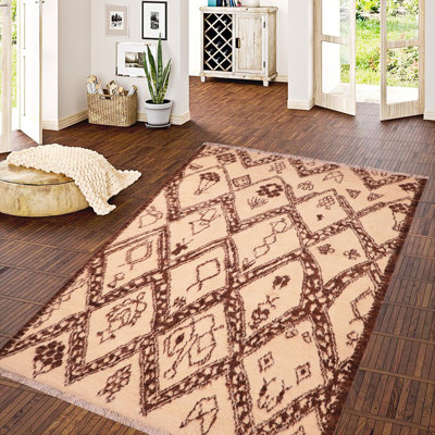 Tapis brun / ivoire en laine noué à la main à motif géométrique 6 pi x 9 pi 4 po Madelinne