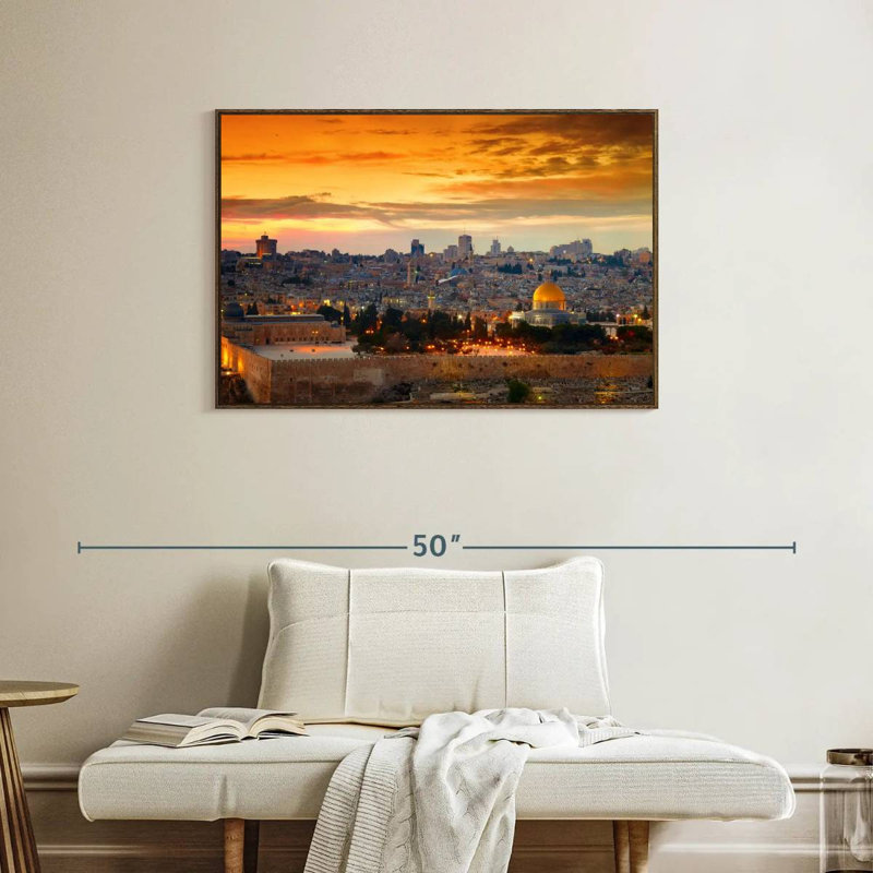 Paysage urbain de coucher de soleil de Jérusalem, 37 po x 25 po, Cadre flottant noyer