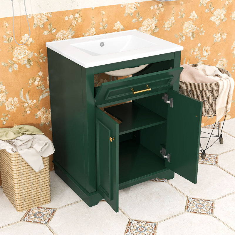 Meuble-lavabo de salle de bain avec lavabo, 2 portes et tiroir coulissant, Vert