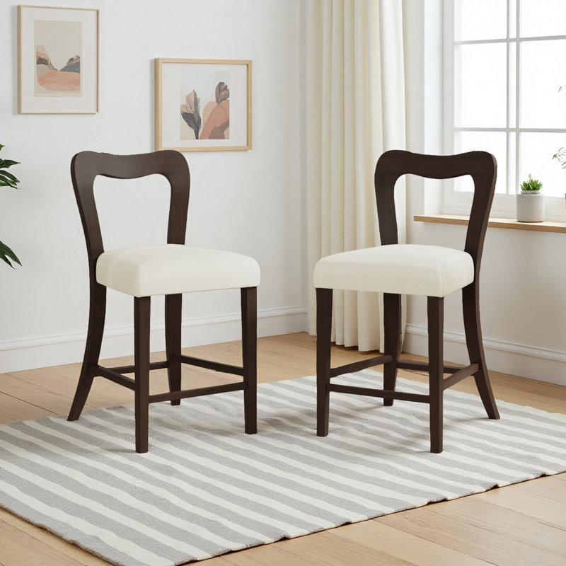 Ensemble de 2 tabourets de comptoir sans accoudoirs, Siège beige / structure brun foncé