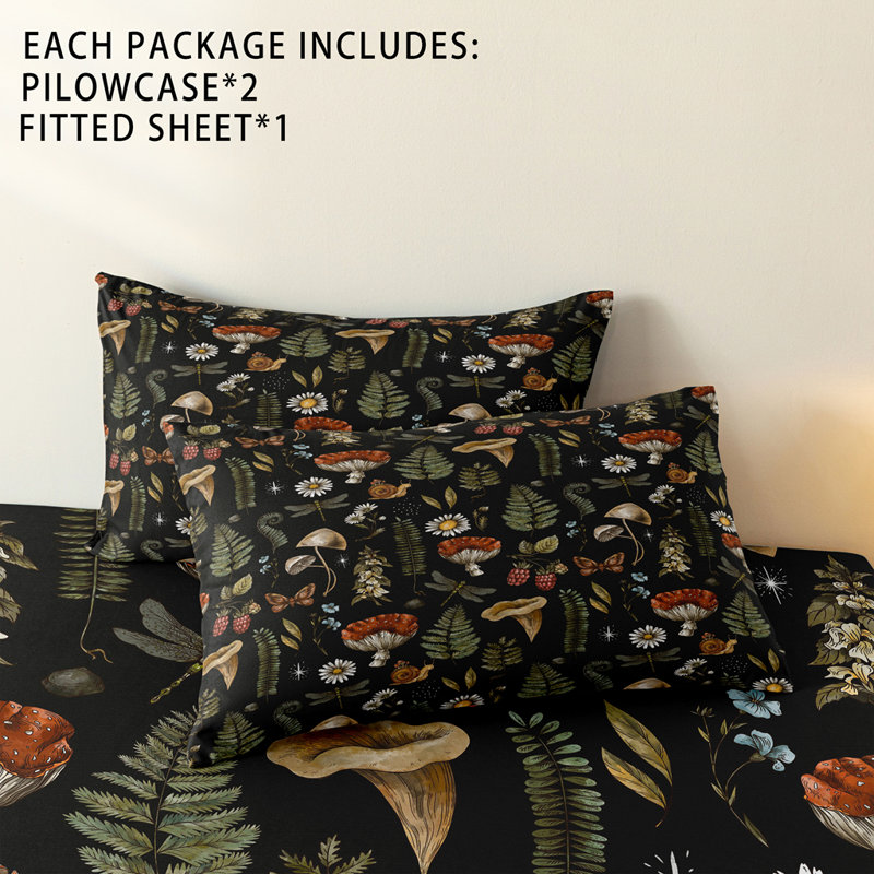 Orylavena Vintage Mushroom and Fern Fitted Sheet Set, Botanical Nature Garden Microfiber Bedding with Snails and Butterflies, Twin Full Queen King, 1 Fitted Sheet and 2 Pillowcases, Digital Print, White Backside, No Pillow Insert Included