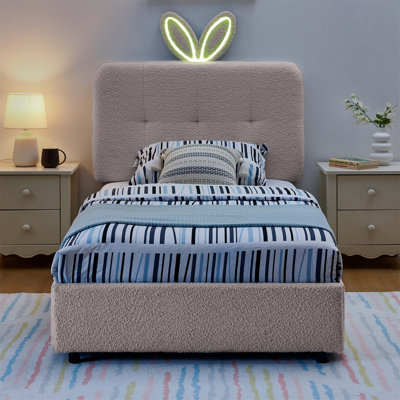 Upholstered Bed With Rabbit Ear Headboard, Built-In LED Lighting, And Four Pull-Out Storage Drawers For Enhanced Comfort And Smart Space Utilization.