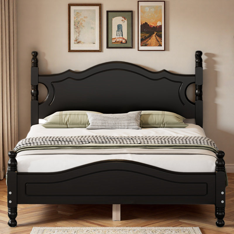 Lit plateforme de style rétro avec support en lattes de bois, Double, Noir, noir, noir, noir