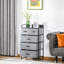 Commode en tissu 5 tiroirs gris avec plateau en bois pour commode de chambre à coucher, cadre de rangement en acier pour l'entrée, tiroirs pliables, design à secousses