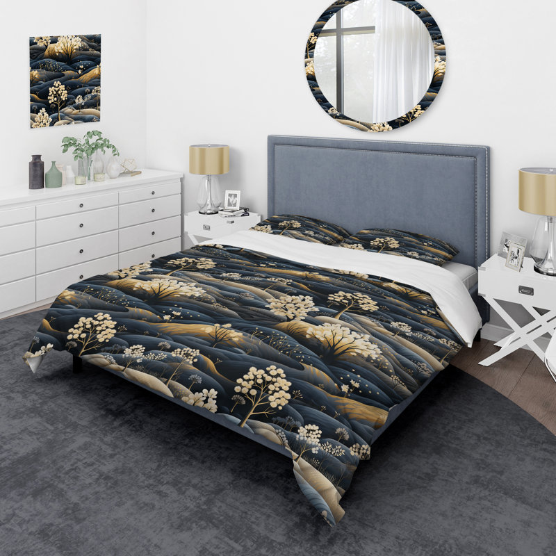 Ensemble de housse de couette Dark Blue Scandinavian Mountain - Floral, Housse de couette pour grand lit et 2 taies décor