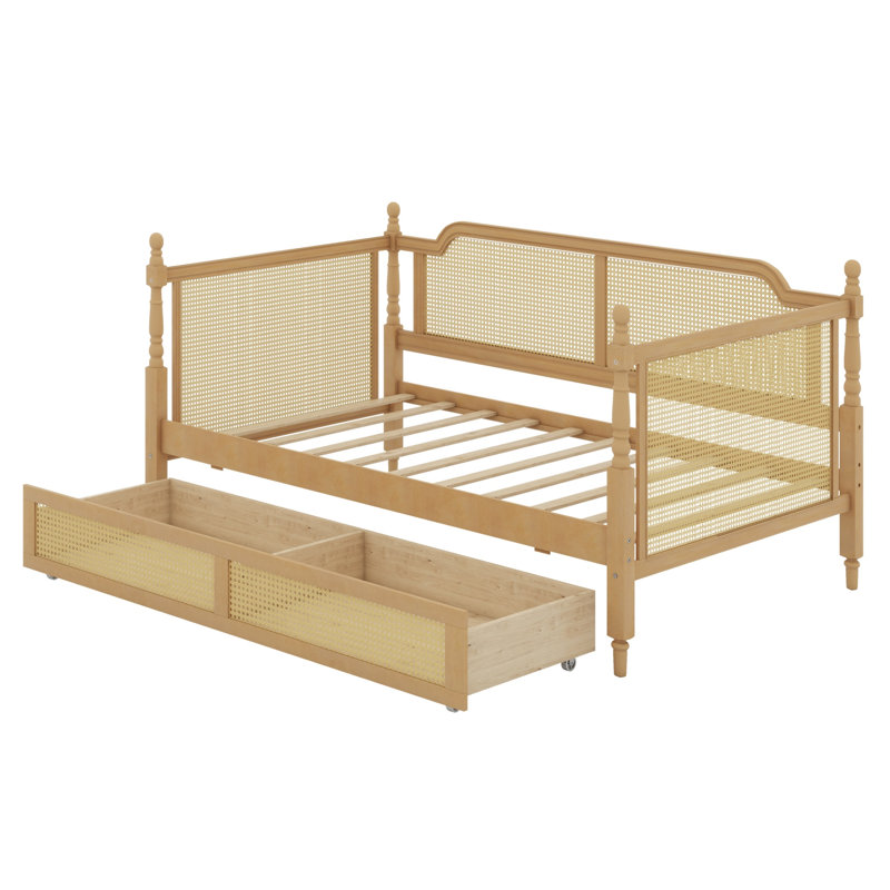 Traditional Rattan Daybed with Storage Drawers, Antique Walnut