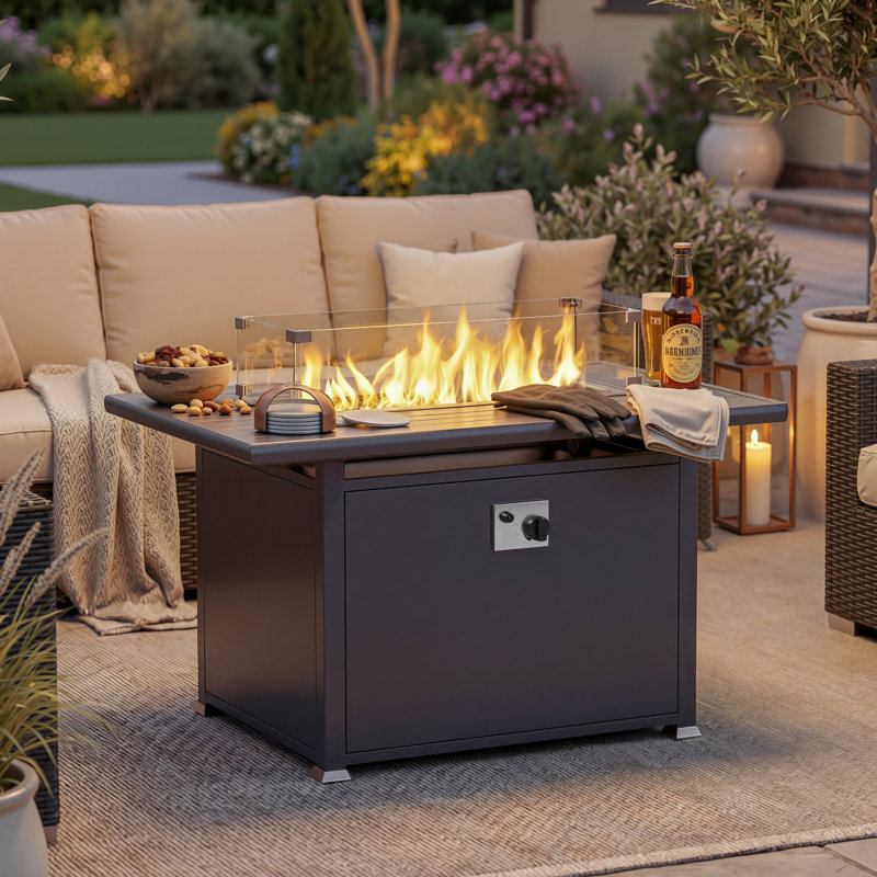 55,000 BTU Rectangular Outdoor Propane Fire Pit Table With Aluminum Tabletop, Glass Wind Guard And Burner Cover