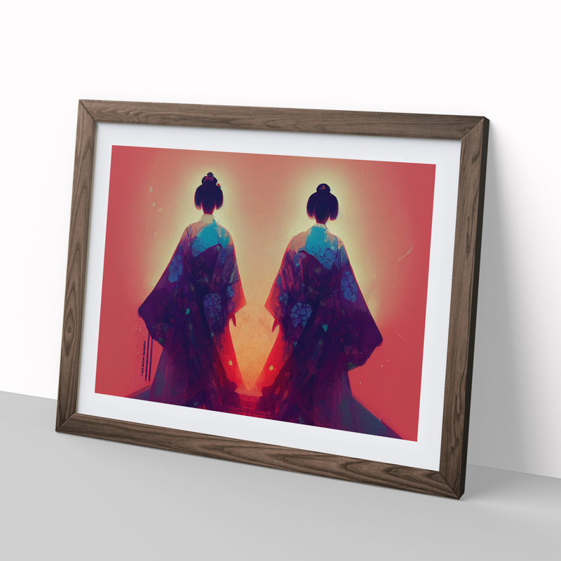 Two Geisha - Framed Print, 34cm H x 46cm W x 2cm D, Walnut