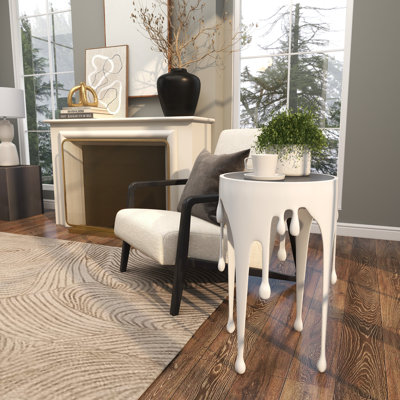 Aluminum Metal Drip Abstract White Side End Accent Table with Melting-Designed Legs and Black Glass Top