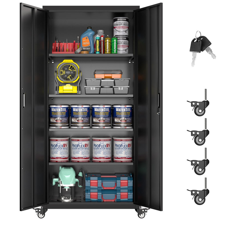 73''h Garage Storage Cabinet With Wheels,steel Cabinets With 2 Doors And 4 Adjustable Shelves For Home Office,assembly Required,