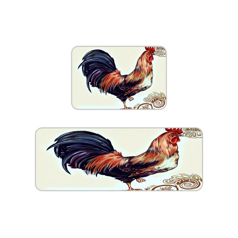 Ensemble de 2 tapis de cuisine à imprimé coq beige pour décor de cuisine rustique