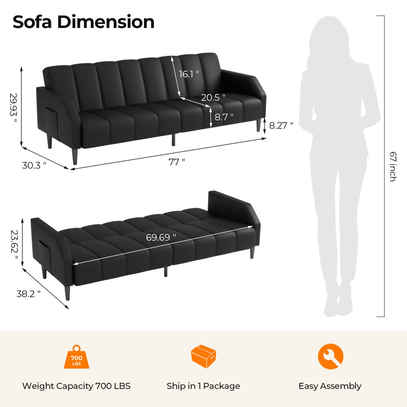 Canapé convertible en similicuir 77,56 po Fabry, Noir