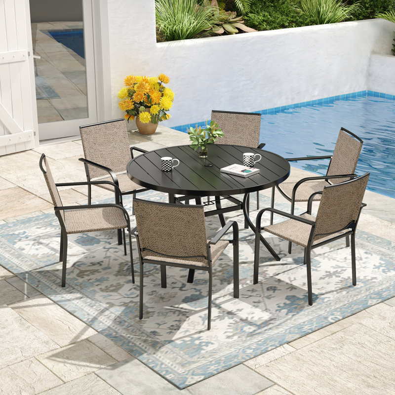 Ensemble de salle à manger de patio rond 48 po pour 6 personnes avec chaises empilables, Beige