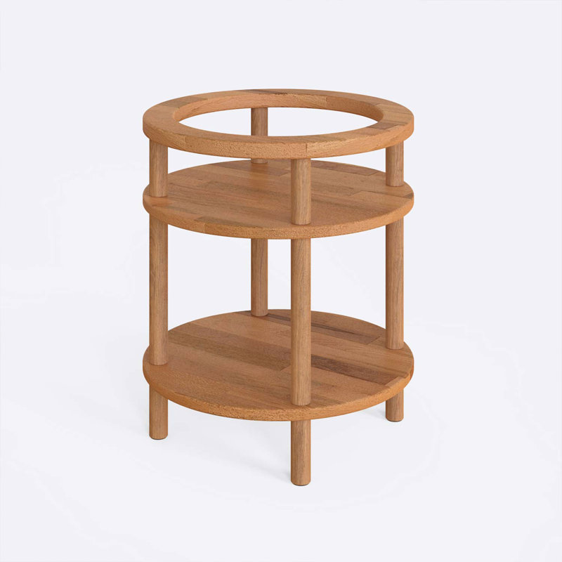 Soho Round Nightstand, Solid Beech Wood Bedside Table with 2 Shelves for Bedroom