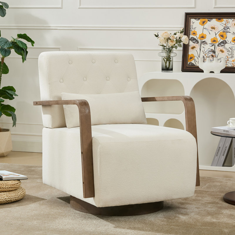 Solid Wood Upholstered Swivel Armchair, Beige