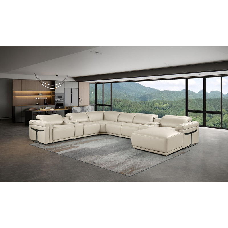 Canapé modulaire en forme de L 8 pièces beige en cuir fleur italien avec 2 fauteuils inclinables électriques et appuis-tête réglables
