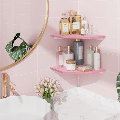 Tablettes d'angle flottantes, tablette murale de coin avec trou pour cordon, tablette de coin en bois à 2 niveaux pour salle de bain, chambre à coucher, salon, rose