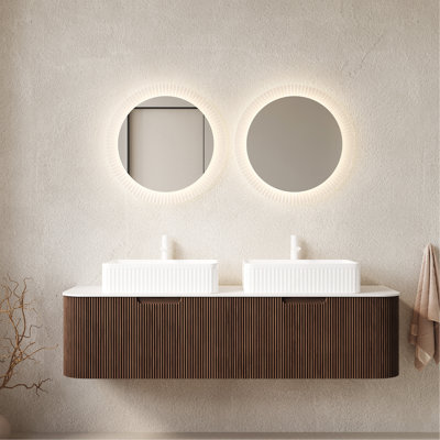Ensemble de meuble-lavabo 60 po 60 po avec 2 tiroirs, 2 lavabos rectangulaires blancs en céramique et plateau en pierre frittée blanche, noyer foncé pré-assemblé