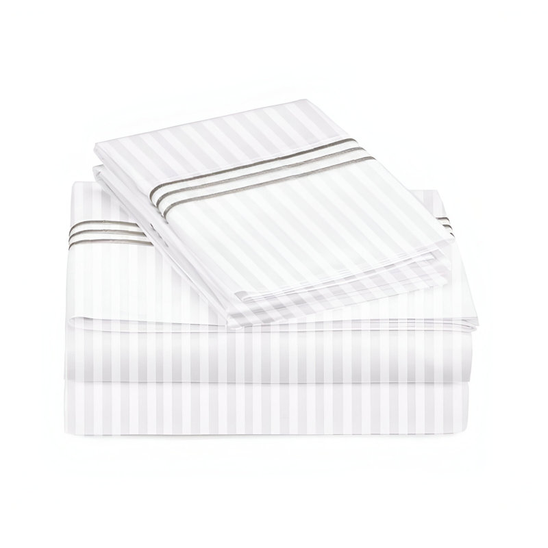 400TC Triple Embroidery Sateen Stripe Cotton 4 Piece Sheet Set Fitted Sheet Fits Upto 16" Deep Pocket, Full XL Sheet Set