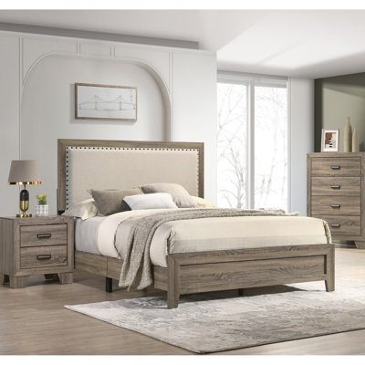 Lit attrayant très grand avec tête de lit en tissu d'ameublement gris et bois
